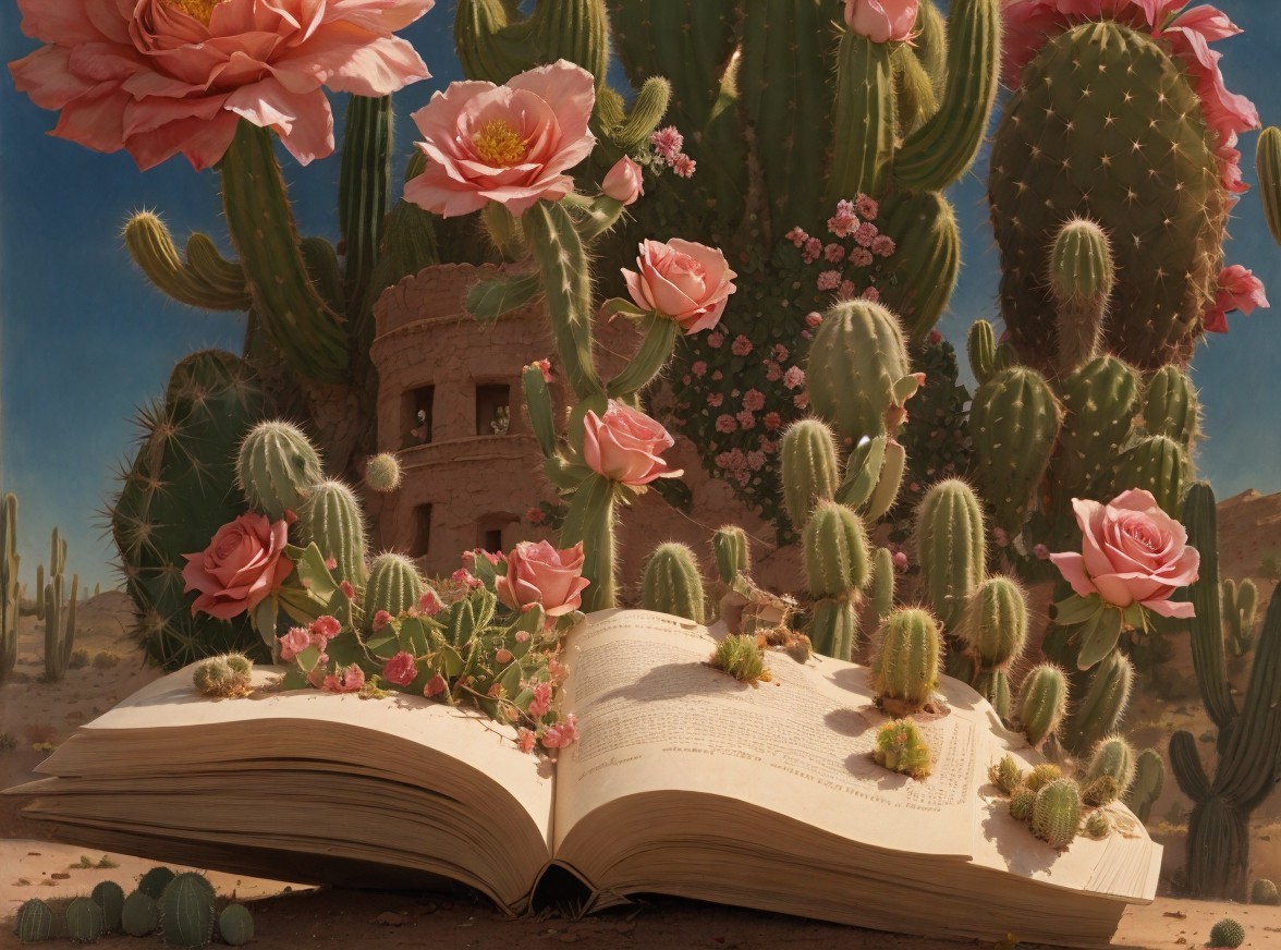 Open Book in Desert with Cacti and Flowers