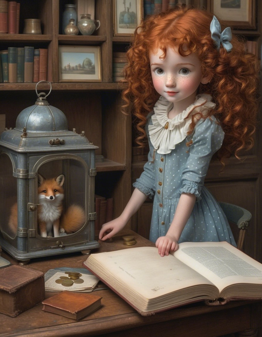 Young girl with red curls in a cozy library scene