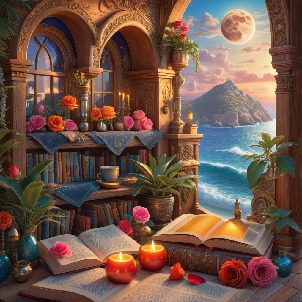 Cozy Reading Nook with Roses and Sunset View