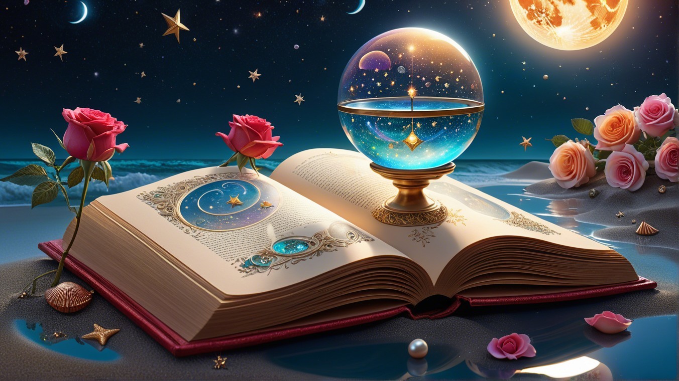 Ornate Book Surrounded by Roses and Celestial Globe