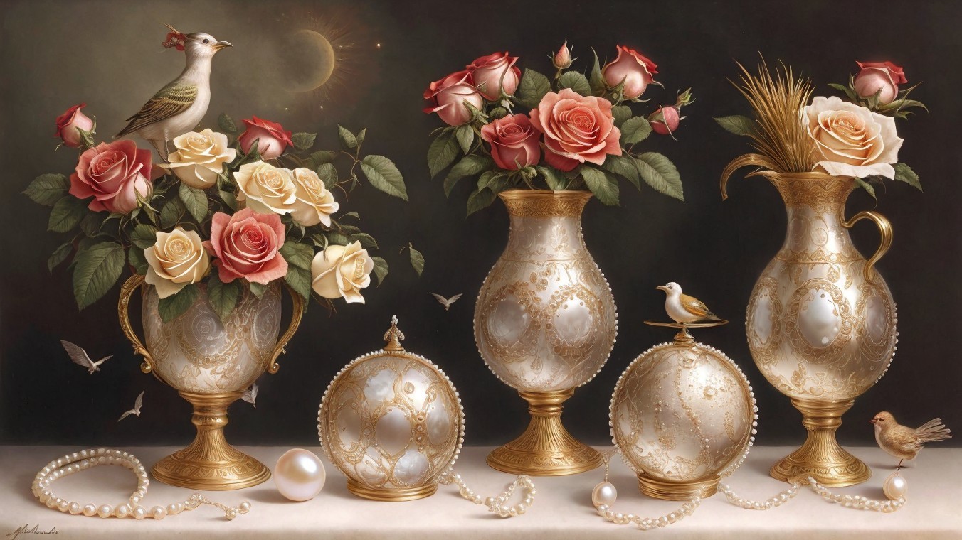 Elegant Still Life with Roses and Ornate Vases
