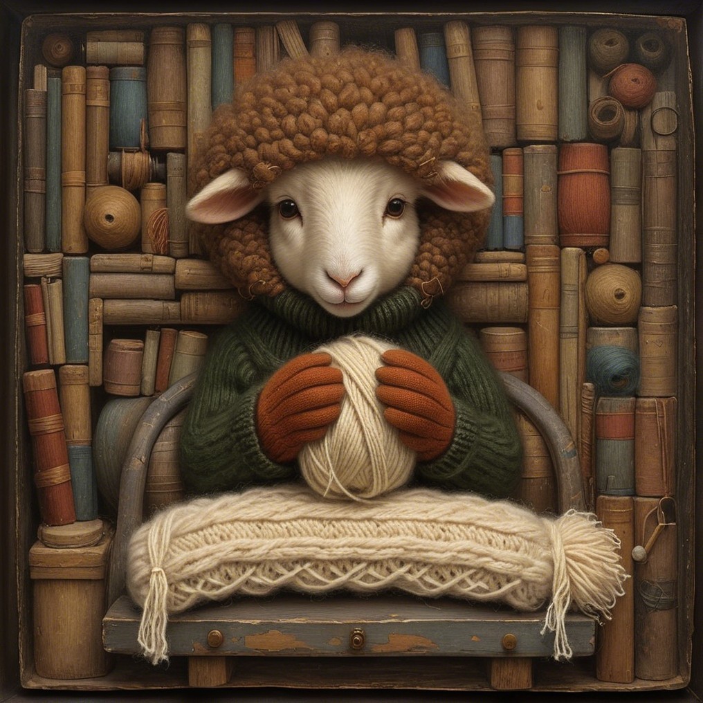 Whimsical Illustration of a Knitting Sheep on a Bench