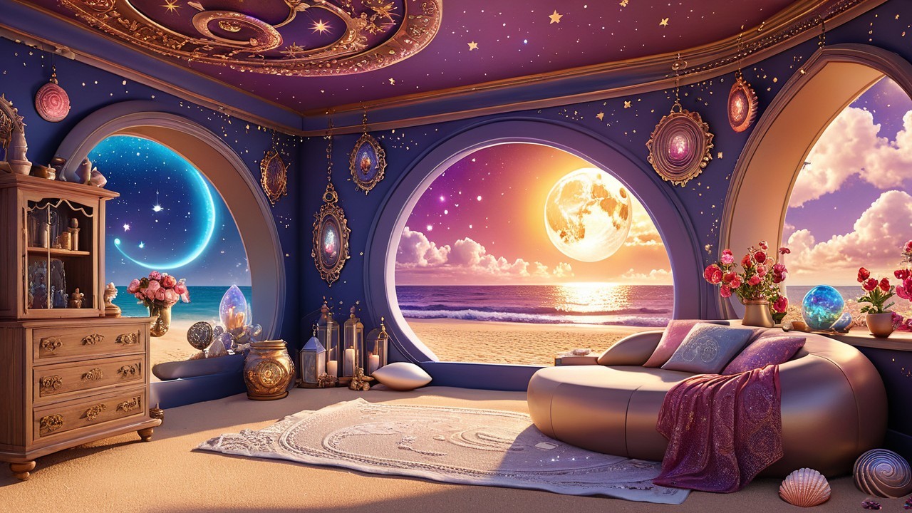 Dreamy Room with Round Windows and Beach Sunset
