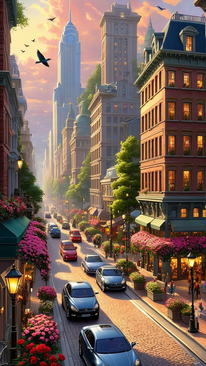 Vibrant city street with brick buildings and sunset sky