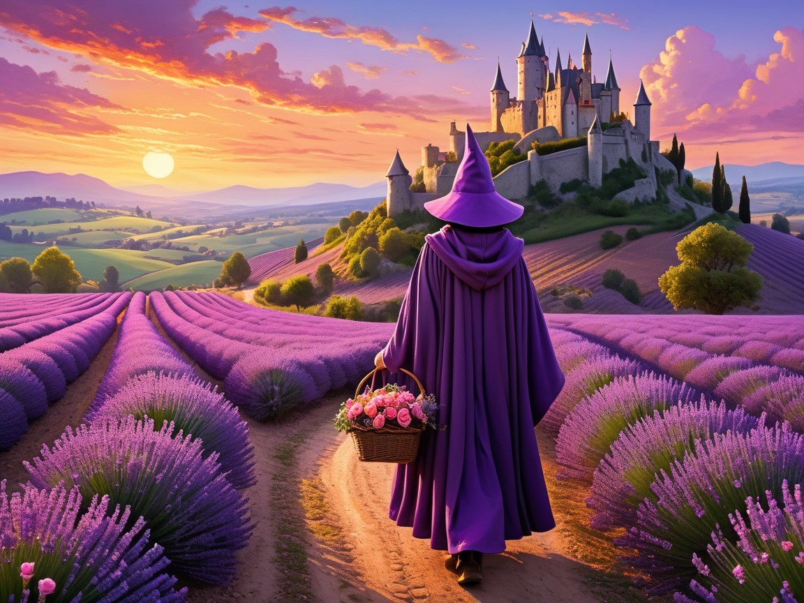 Enchanted figure in purple robe on lavender path
