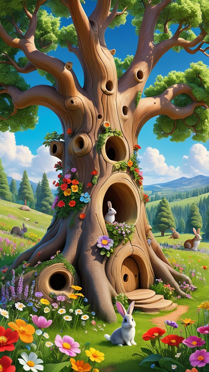 Giant whimsical tree with rabbits in a colorful meadow