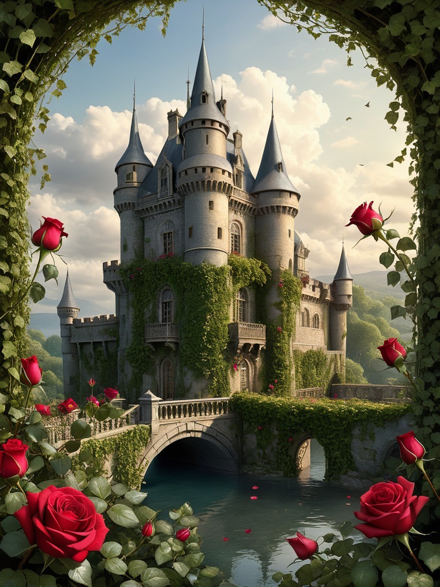 Majestic Castle Surrounded by Lush Greenery and Roses