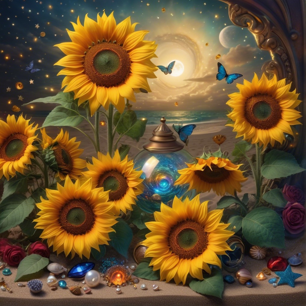 Vibrant Sunflowers with Seashells and Lanterns in Twilight