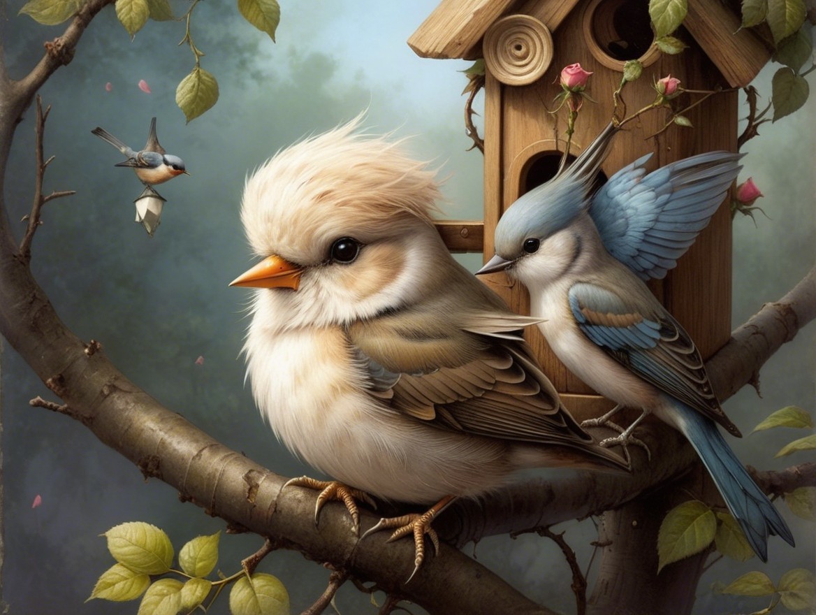 Birds on a Branch with Birdhouse and Roses in Nature