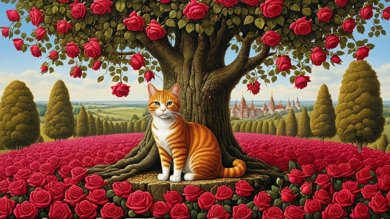 Majestic tree with roses and an orange tabby cat