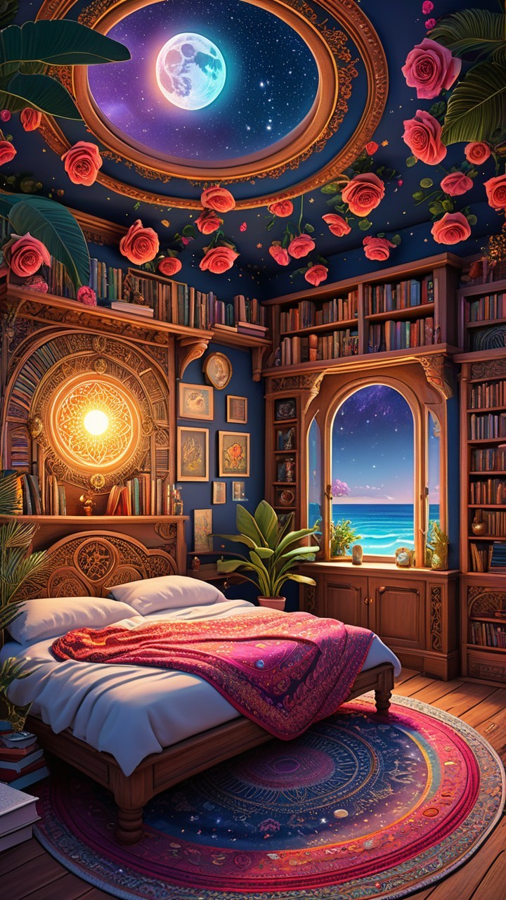 Cozy bedroom with ornate ceiling and ocean view