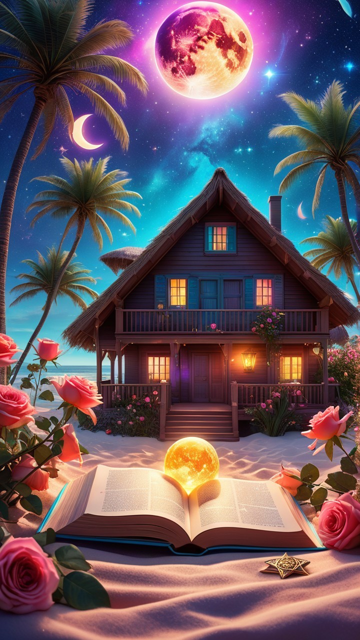 Serene Beach Scene with Wooden House and Night Sky