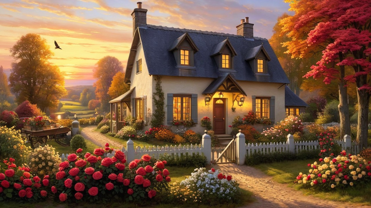 Charming cottage surrounded by vibrant autumn foliage