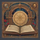 Open Book Against Celestial Background with Compass Rose