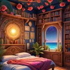 Whimsical Bedroom with Celestial Decor and Beach View