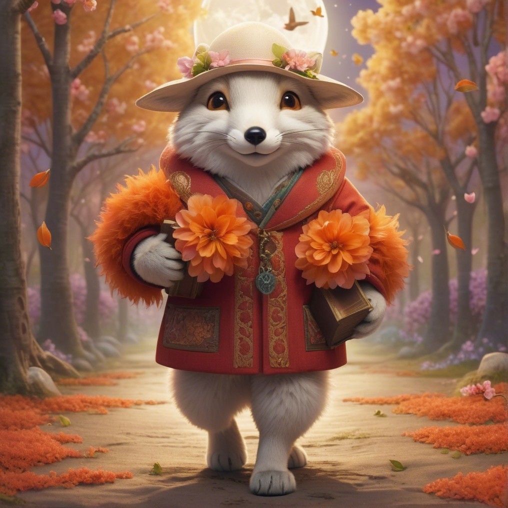 Charming fox character on autumn tree-lined path