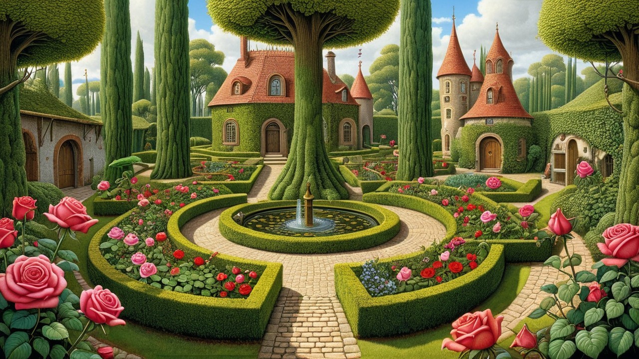 Whimsical Garden with Fountain and Fairy-Tale Cottages