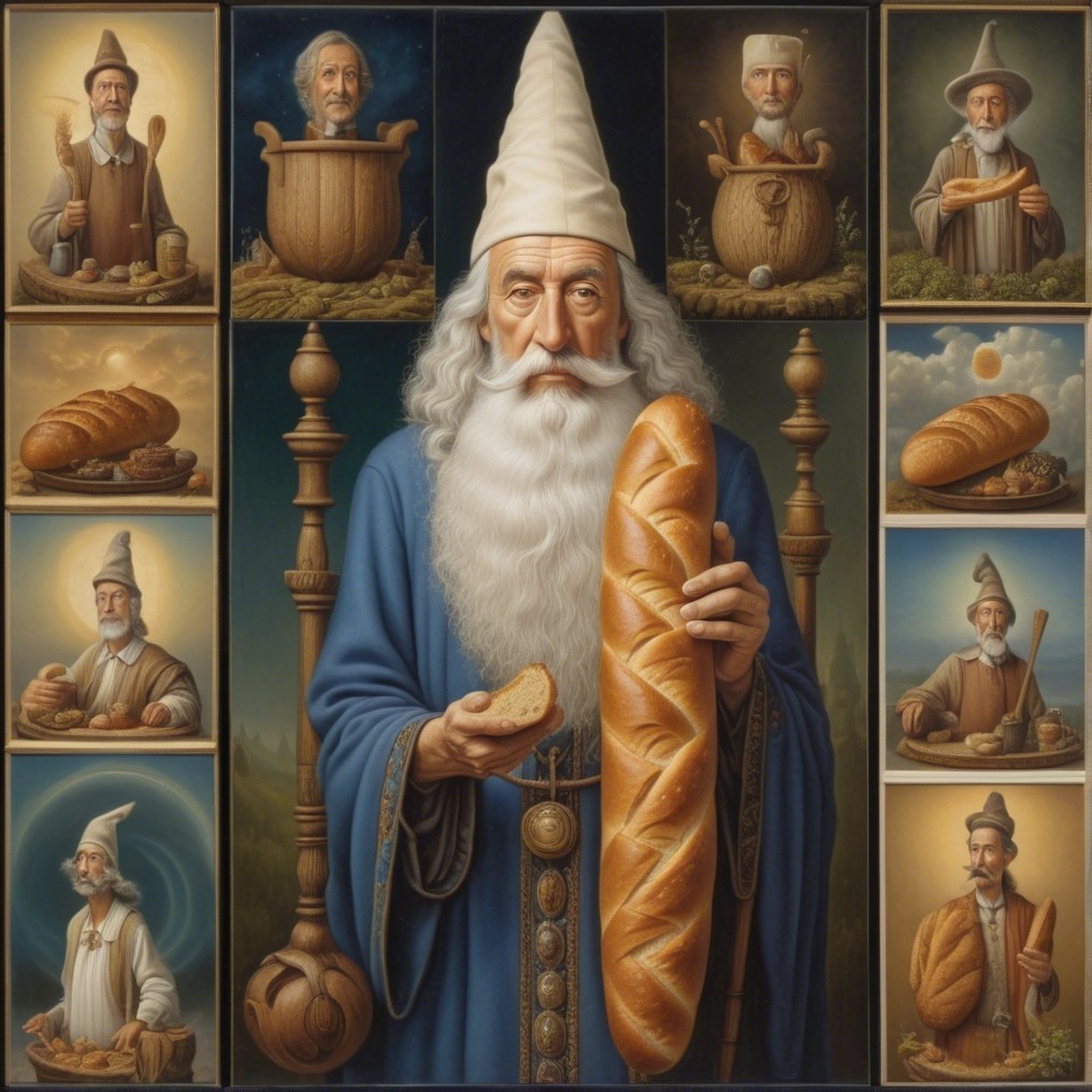 Wise Old Man in Blue Robes with Bread and Portraits