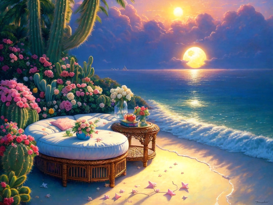 Serene Beach Sunset with Lounge and Floral Accents