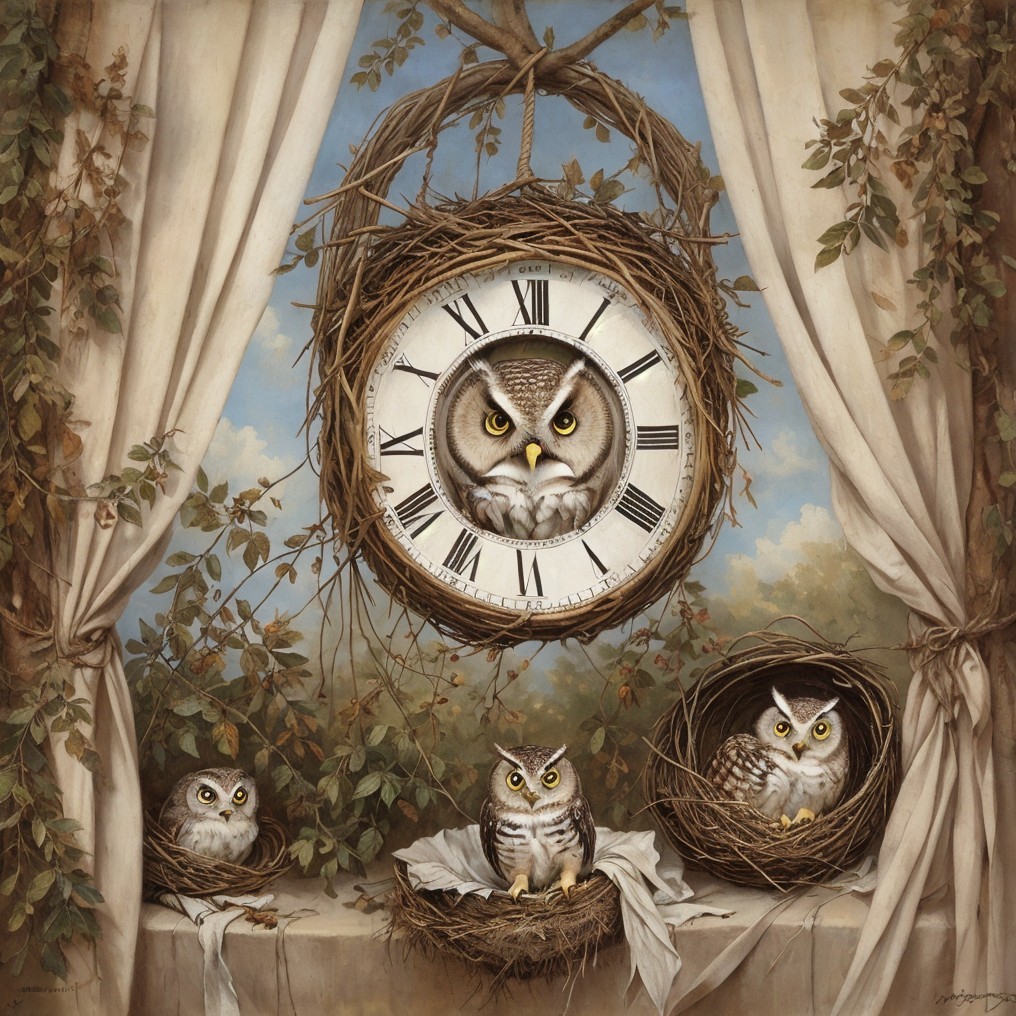 Whimsical Scene of Four Owls in Nature Setting