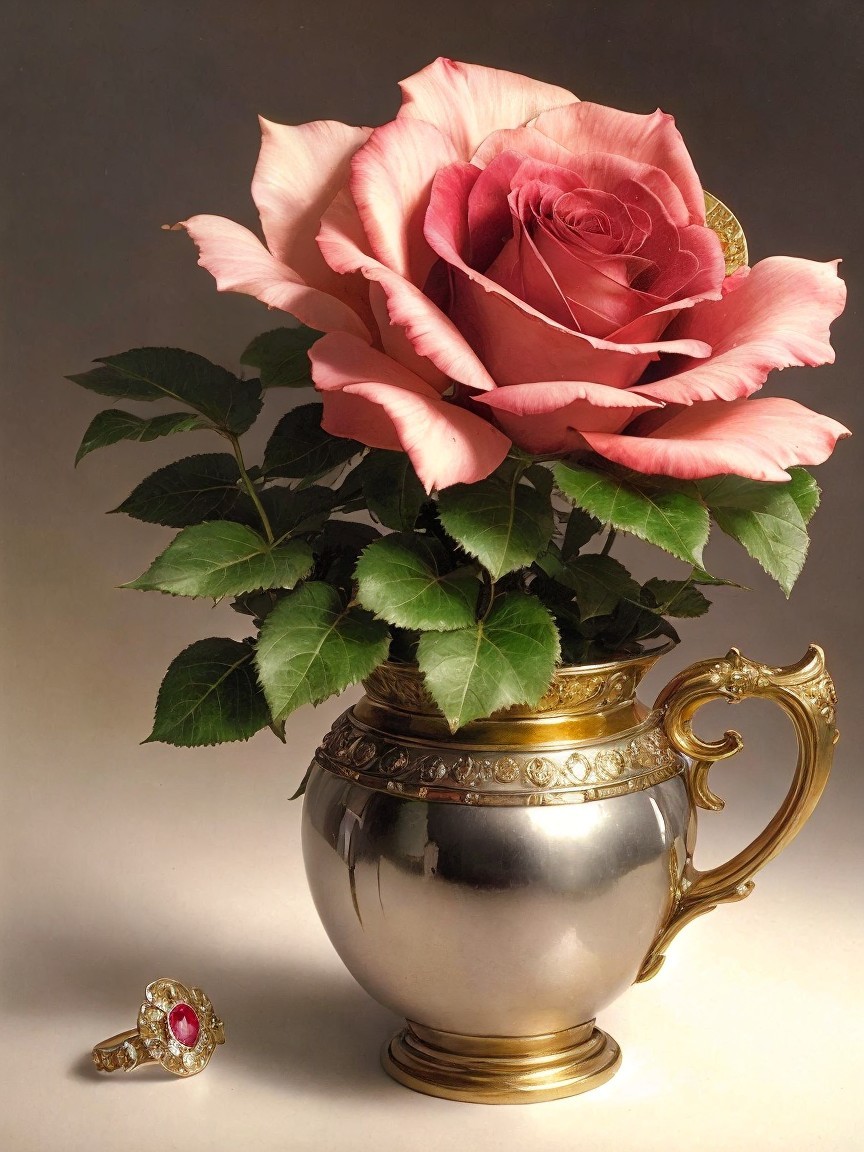 Close-Up of Pink Rose in Ornate Silver Vase