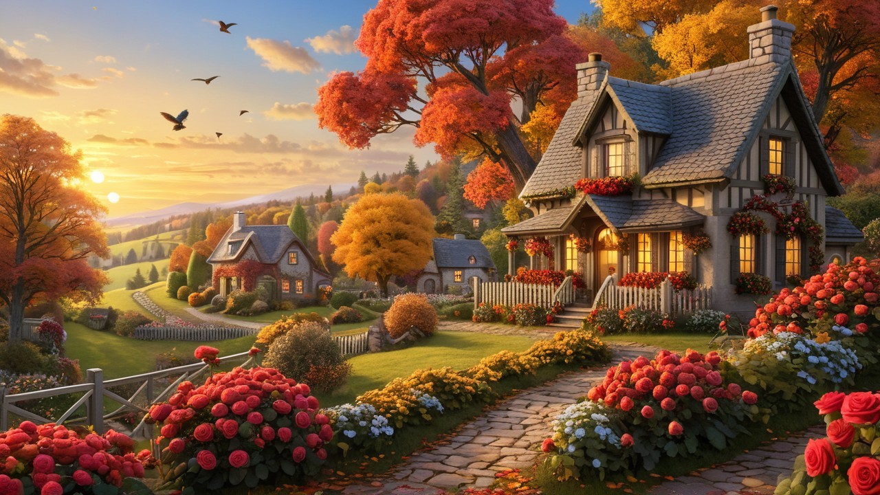 Charming Cottages Amidst Vibrant Autumn Foliage
