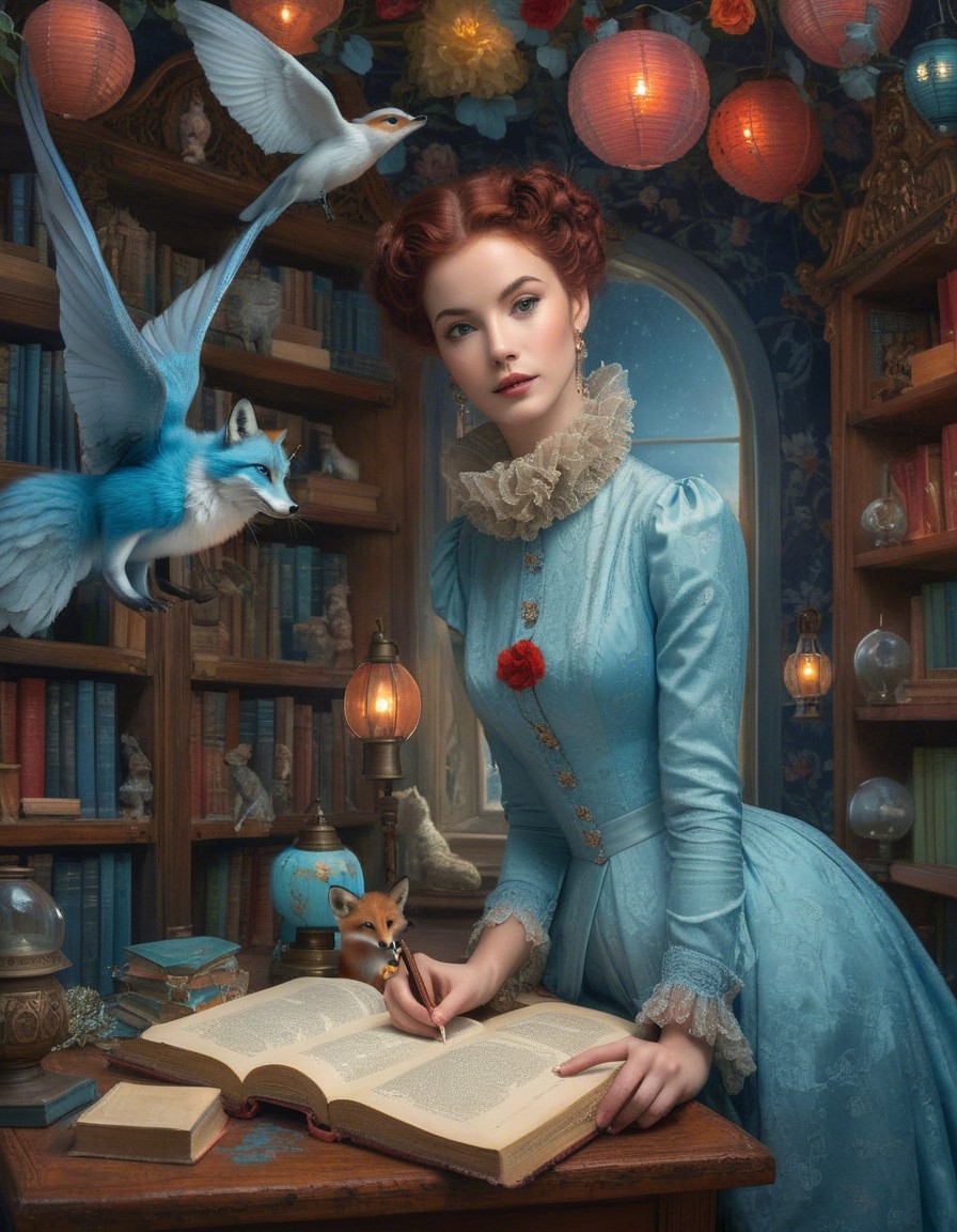 Whimsical Library Scene with Colorful Books and Lanterns
