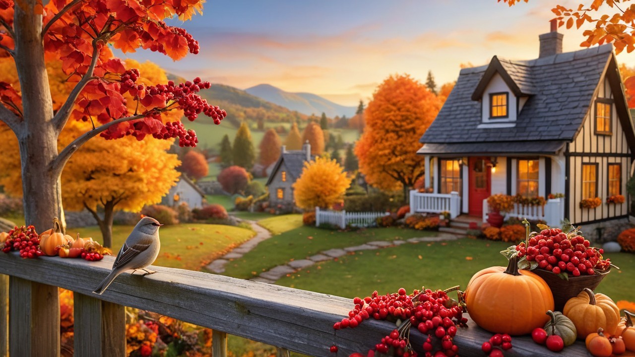 Charming Autumn Landscape with Vibrant Foliage and House