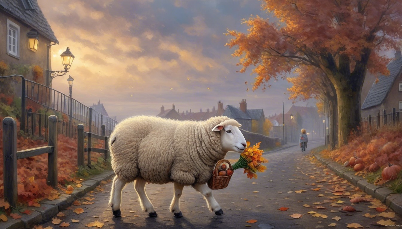 Fluffy Sheep with Flowers on Autumn Street Scene