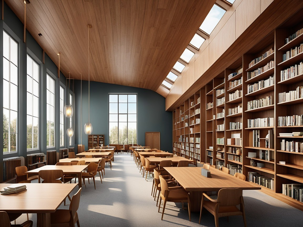 Modern Library Design with Skylights and Wooden Beams