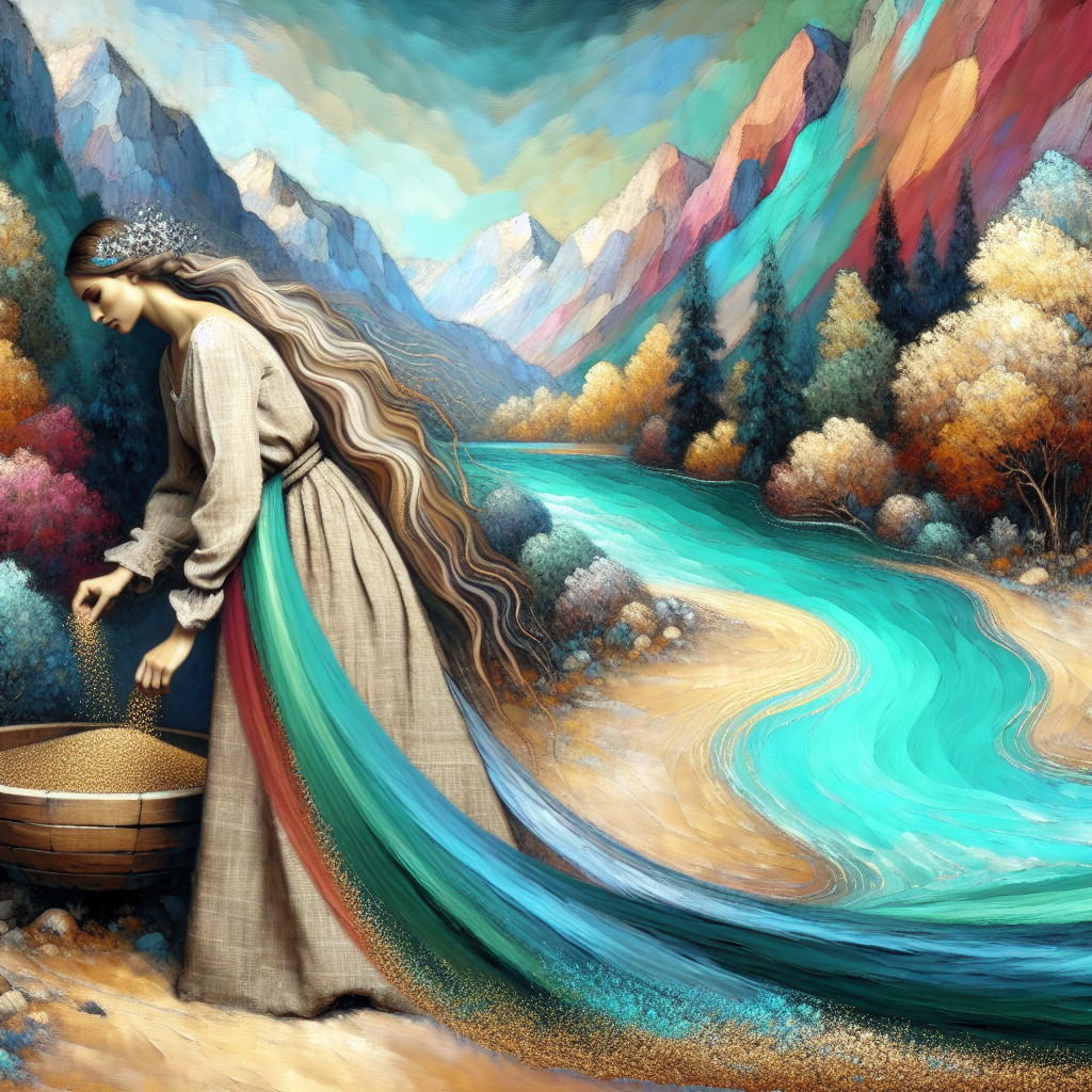 Serene Landscape with Woman Pouring Grains in Nature