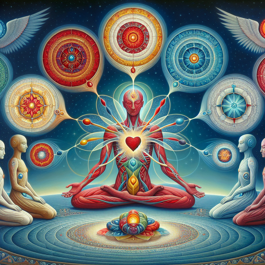 Meditative Figure Surrounded by Cosmic Symbols and Stars