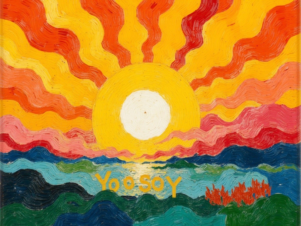 Vibrant Sunset with Reflective Water and Playful Text