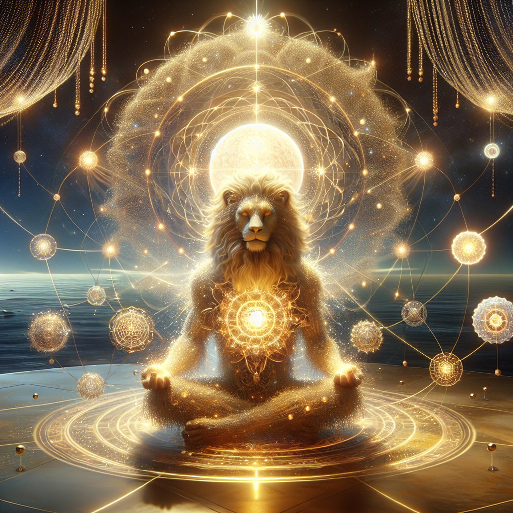 Lion in Meditative Pose with Celestial Background
