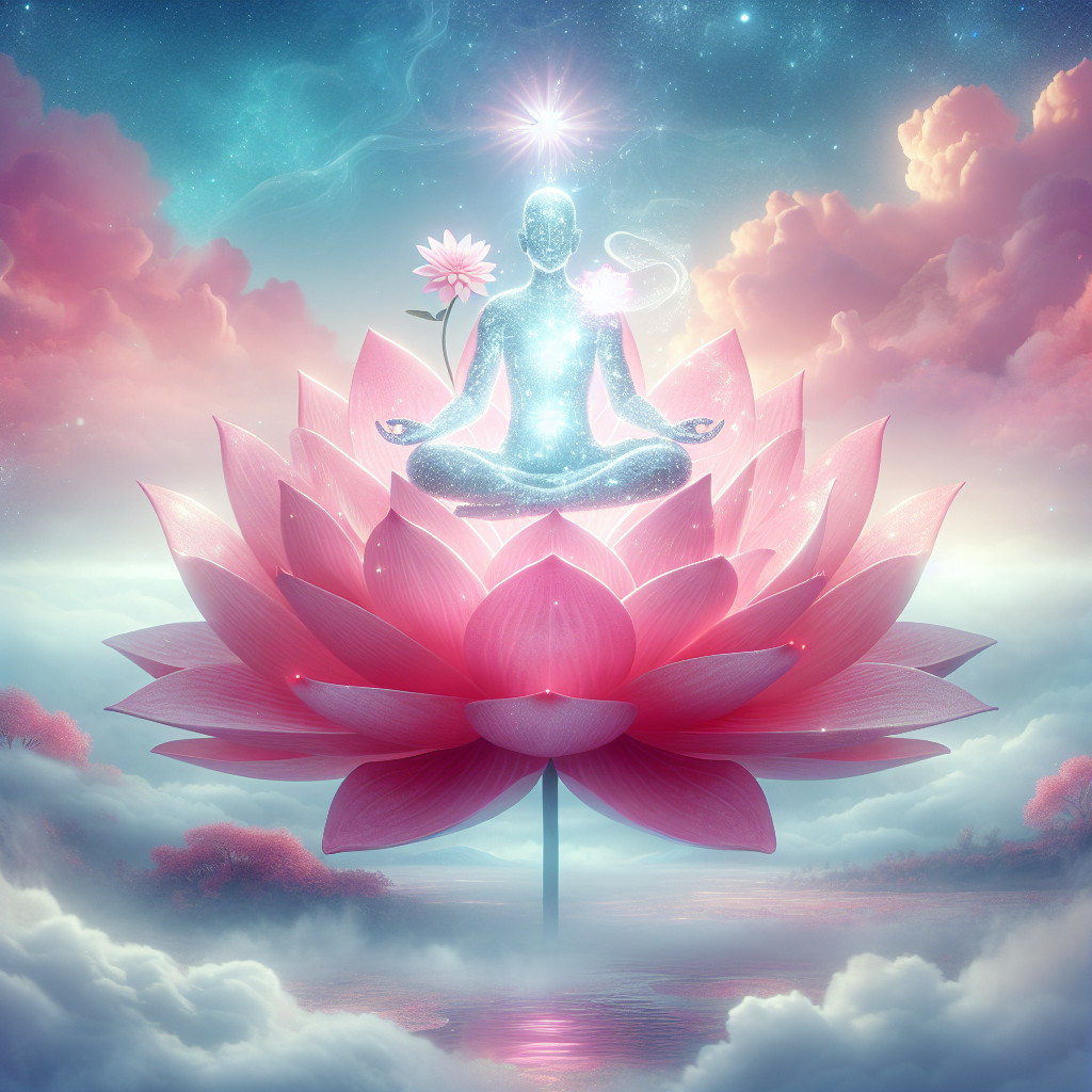 Ethereal Human Figure Meditating on Pink Lotus Flower
