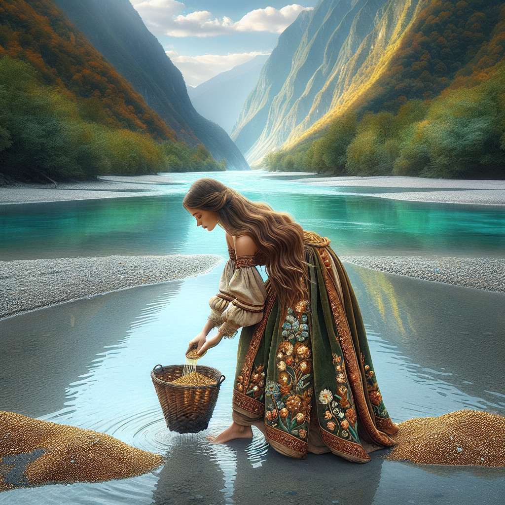 Woman in embroidered gown by serene river landscape