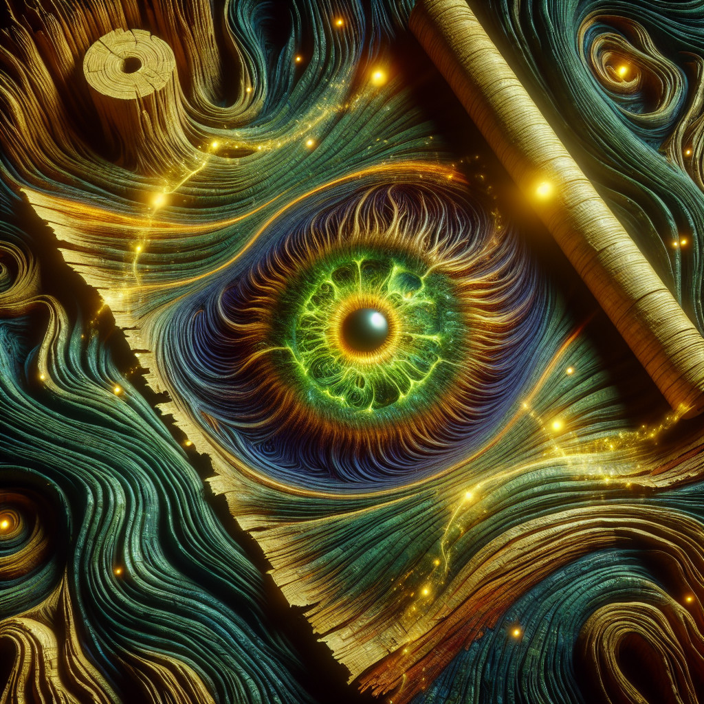 Eye Surrounded by Swirling Patterns and Ancient Scroll