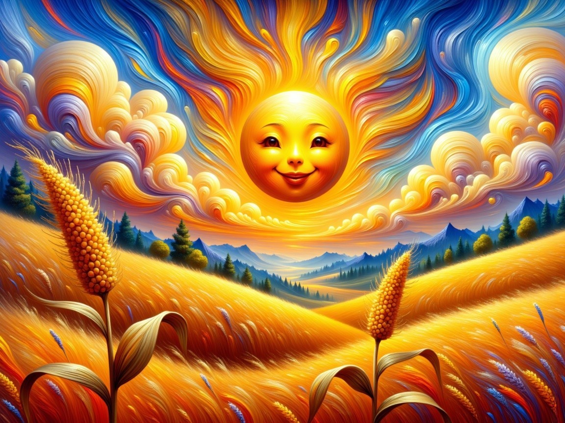 Vibrant Landscape with Sun, Fields, and Hills