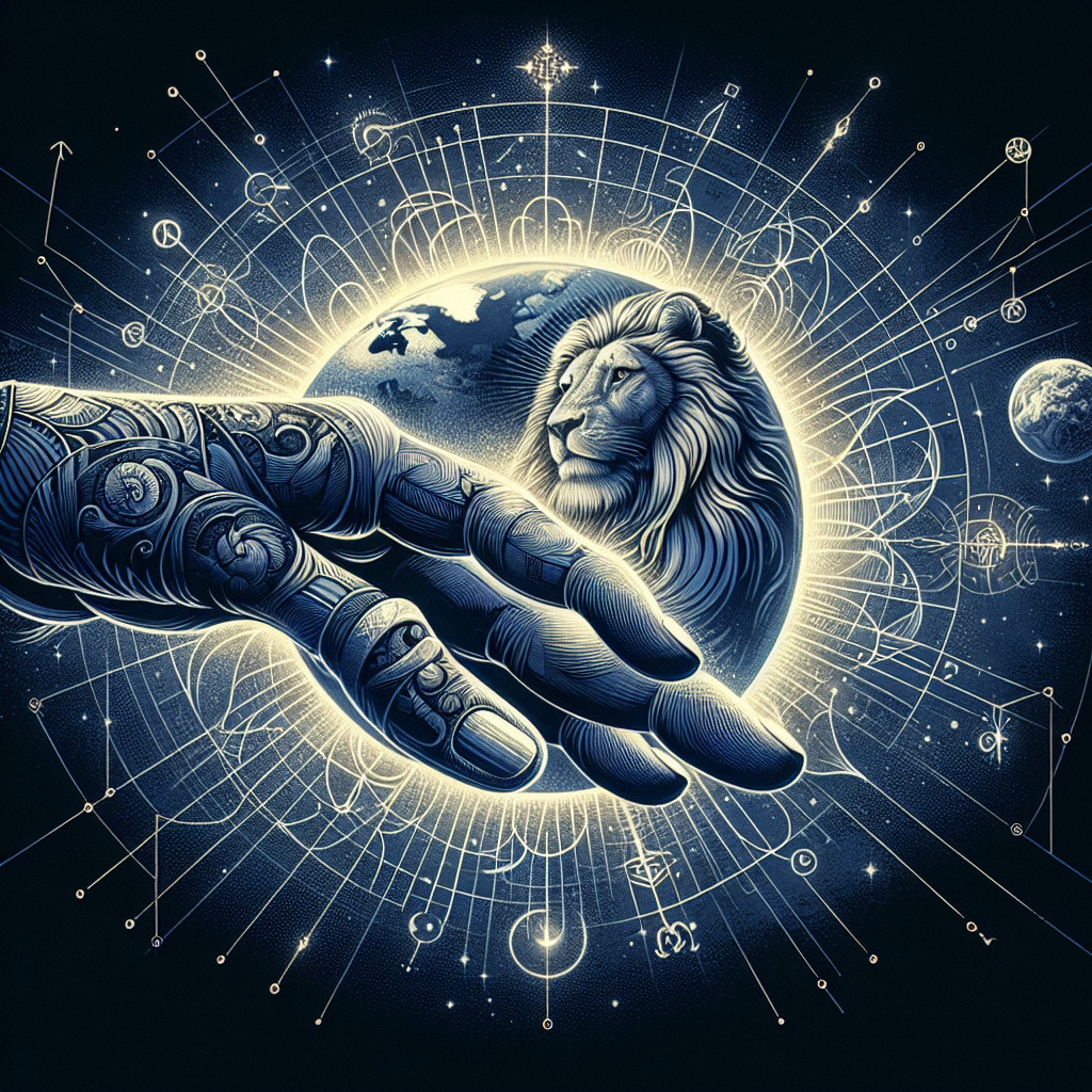 Robotic Hand and Lion in Cosmic Unity Illustration