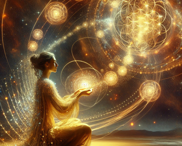 Meditative Figure in Cosmic Patterns and Light