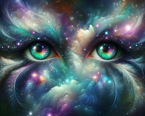 Cosmic Scene with Swirling Galaxies and Expressive Eyes