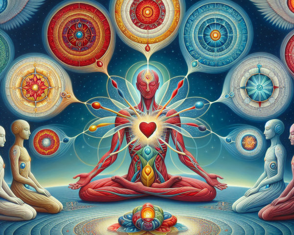 Meditative Figure Surrounded by Cosmic Symbols and Stars