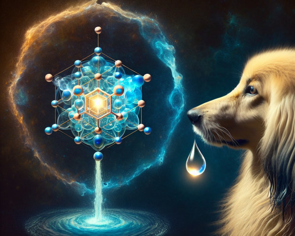 Majestic Dog Contemplating Molecular Structure in Space