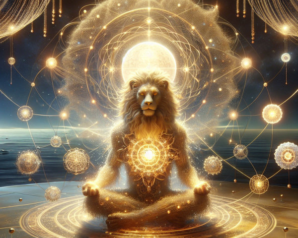 Lion in Meditative Pose with Celestial Background