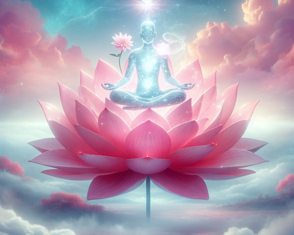 Ethereal Human Figure Meditating on Pink Lotus Flower