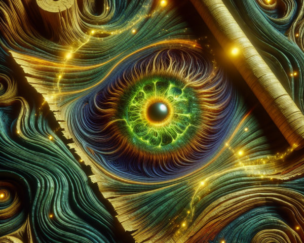 Eye Surrounded by Swirling Patterns and Ancient Scroll