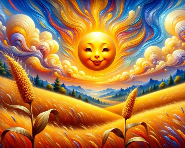 Vibrant Landscape with Sun, Fields, and Hills