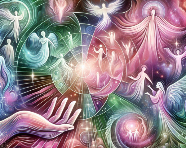 Vibrant Cosmic Artwork with Ethereal Figures and Colors