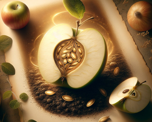 Halved Green Apple with Golden Seeds in Soil Setting