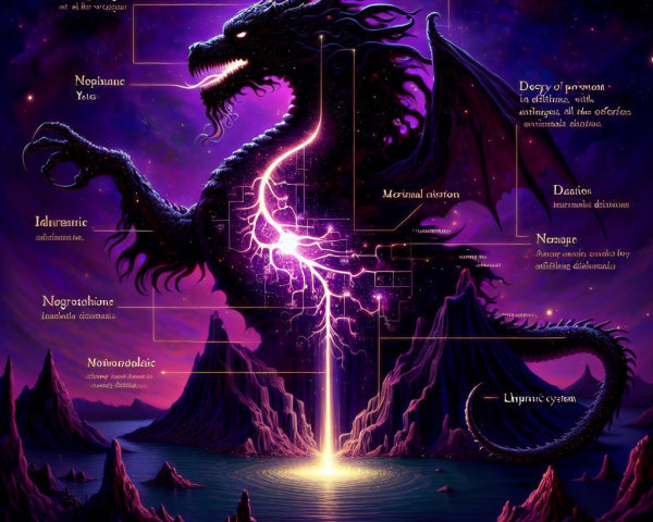 Majestic dragon in a mystical landscape with labels